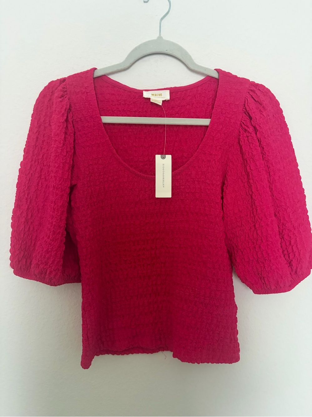 NWT Anthropologie Maeve Fuchsia Hot Pink Puff-Sleeve Textured Top